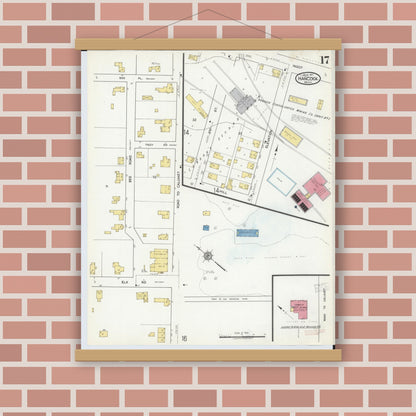 Old map wall art mockup — magnetic wood frame on brick wall — Sanborn Fire Insurance Map from Hancock, Houghton County, Michigan (1917), Sheet #0017