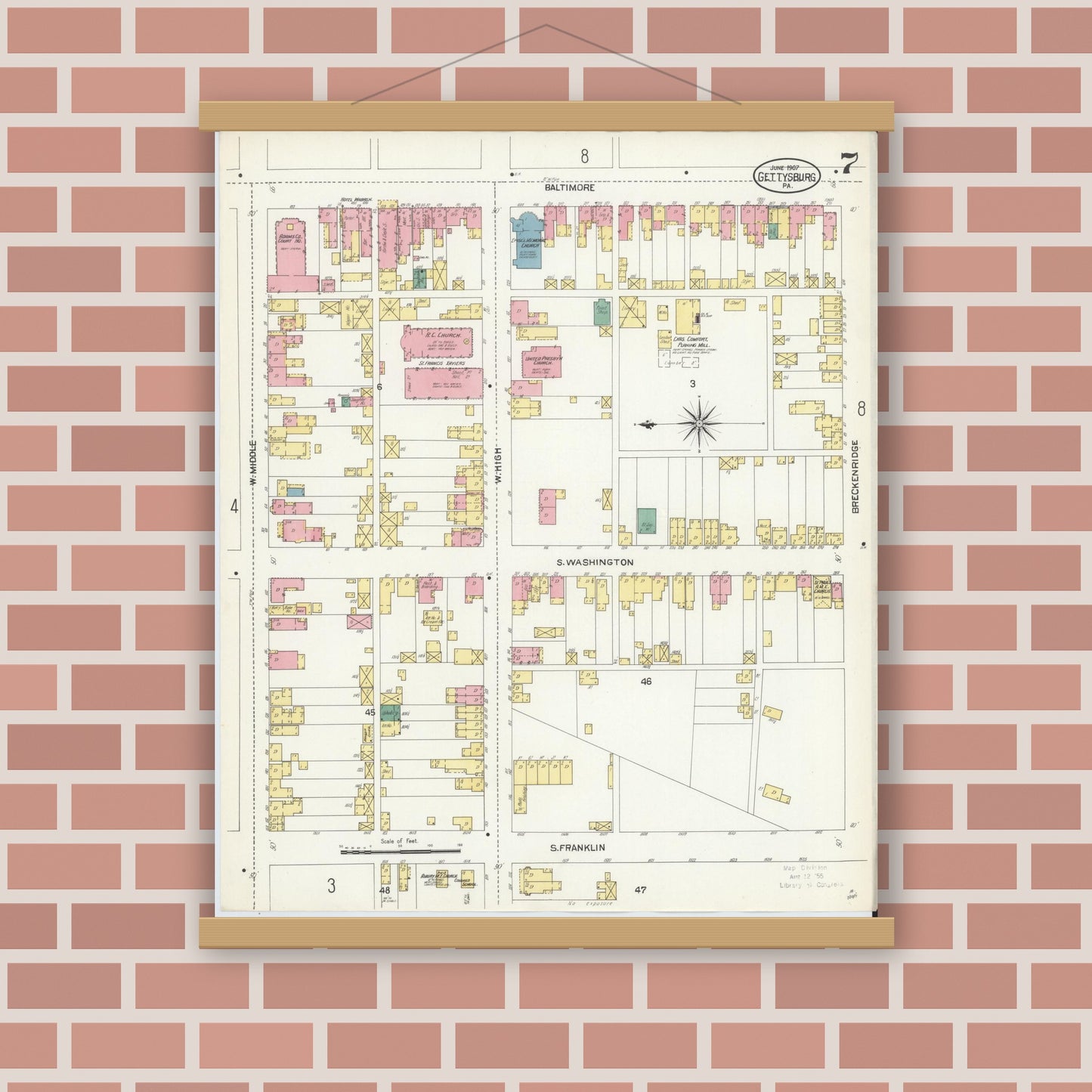 Old map wall art mockup — magnetic wood frame on brick wall — Sanborn Fire Insurance Map from Gettysburg, Adams County, Pennsylvania (1907), Sheet #0007