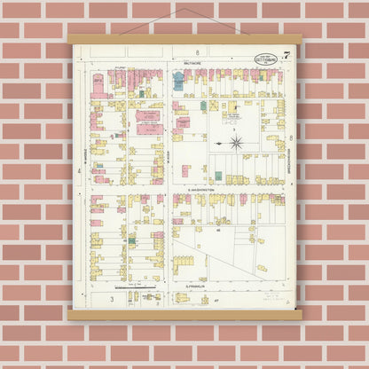 Old map wall art mockup — magnetic wood frame on brick wall — Sanborn Fire Insurance Map from Gettysburg, Adams County, Pennsylvania (1907), Sheet #0007