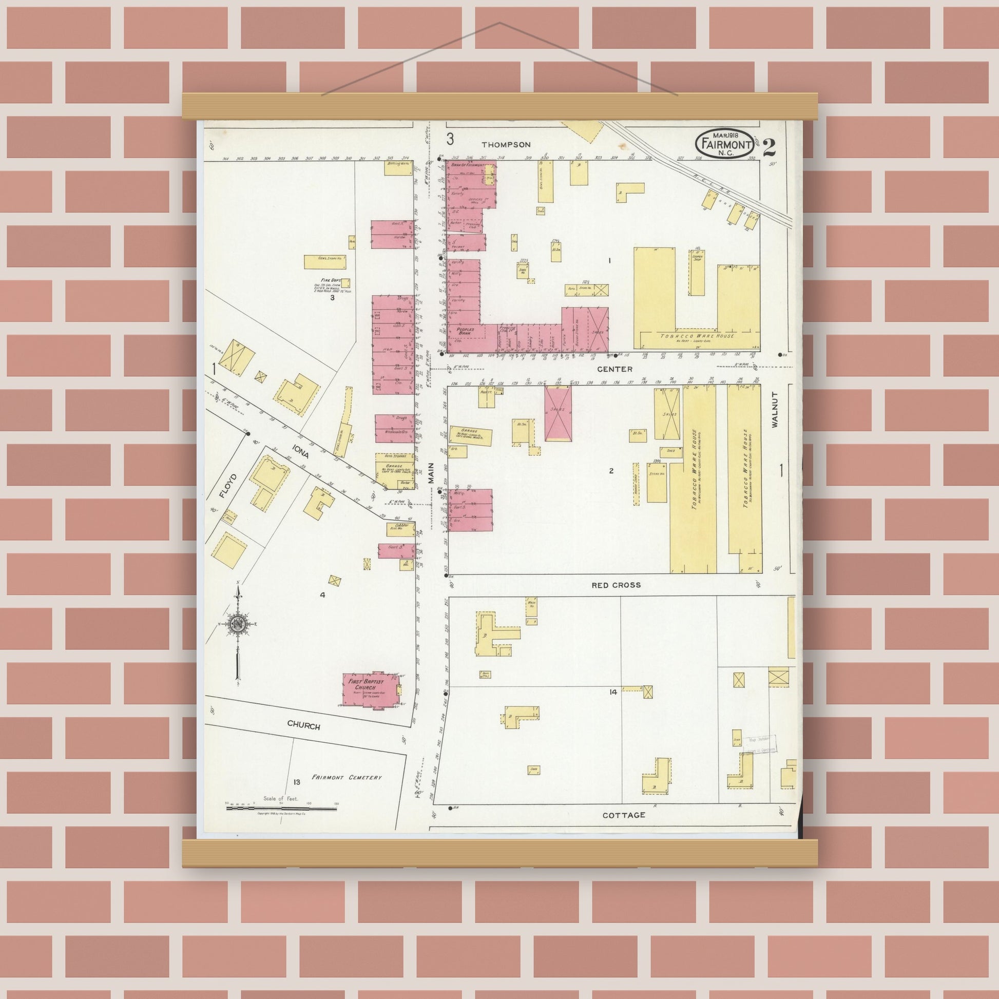 Old map wall art mockup — magnetic wood frame on brick wall — Sanborn Fire Insurance Map from Fairmont, Robeson County, North Carolina (1918), Sheet #0002