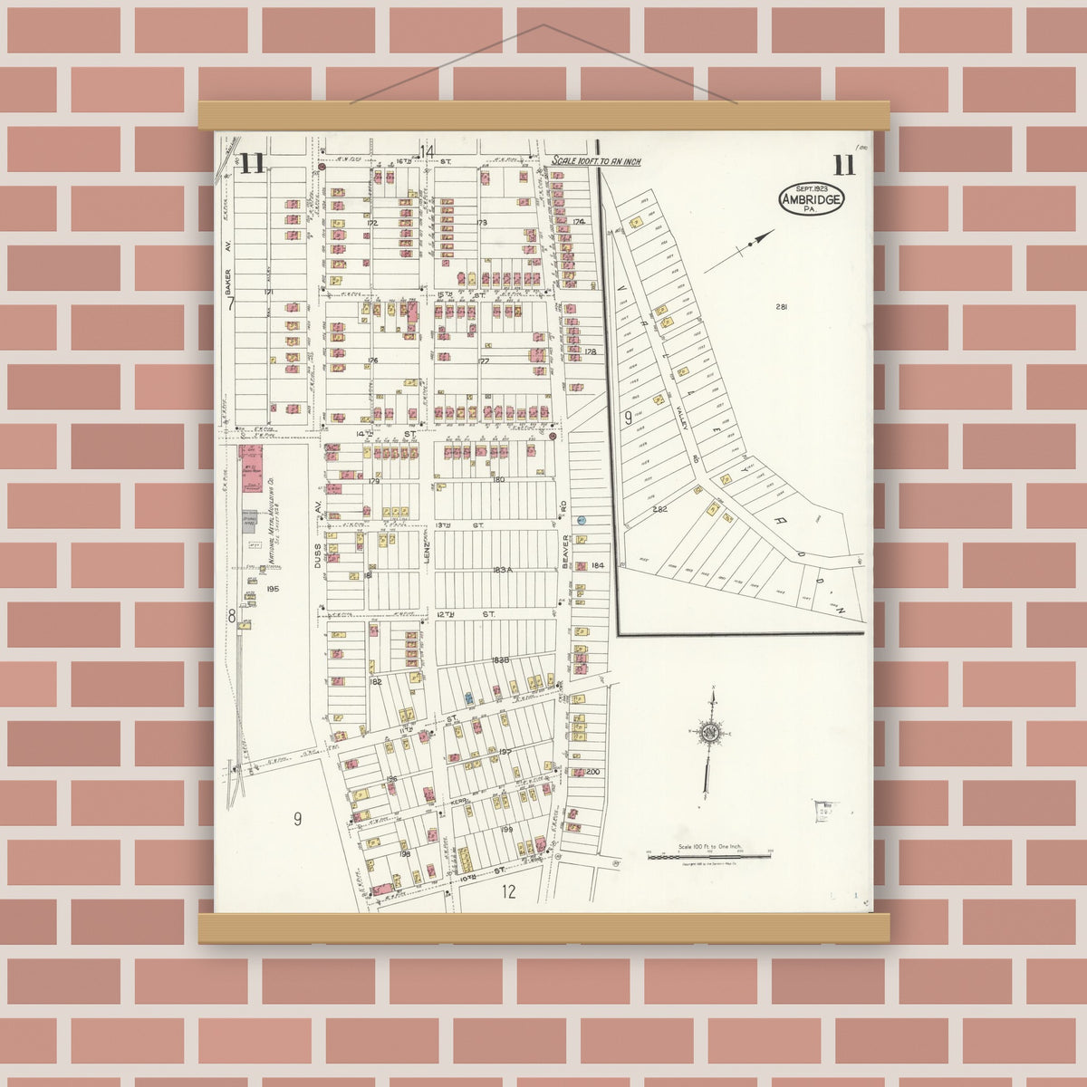 Old map wall art mockup — magnetic wood frame on brick wall — Sanborn Fire Insurance Map from Ambridge, Beaver County, Pennsylvania (1923), Sheet #0011