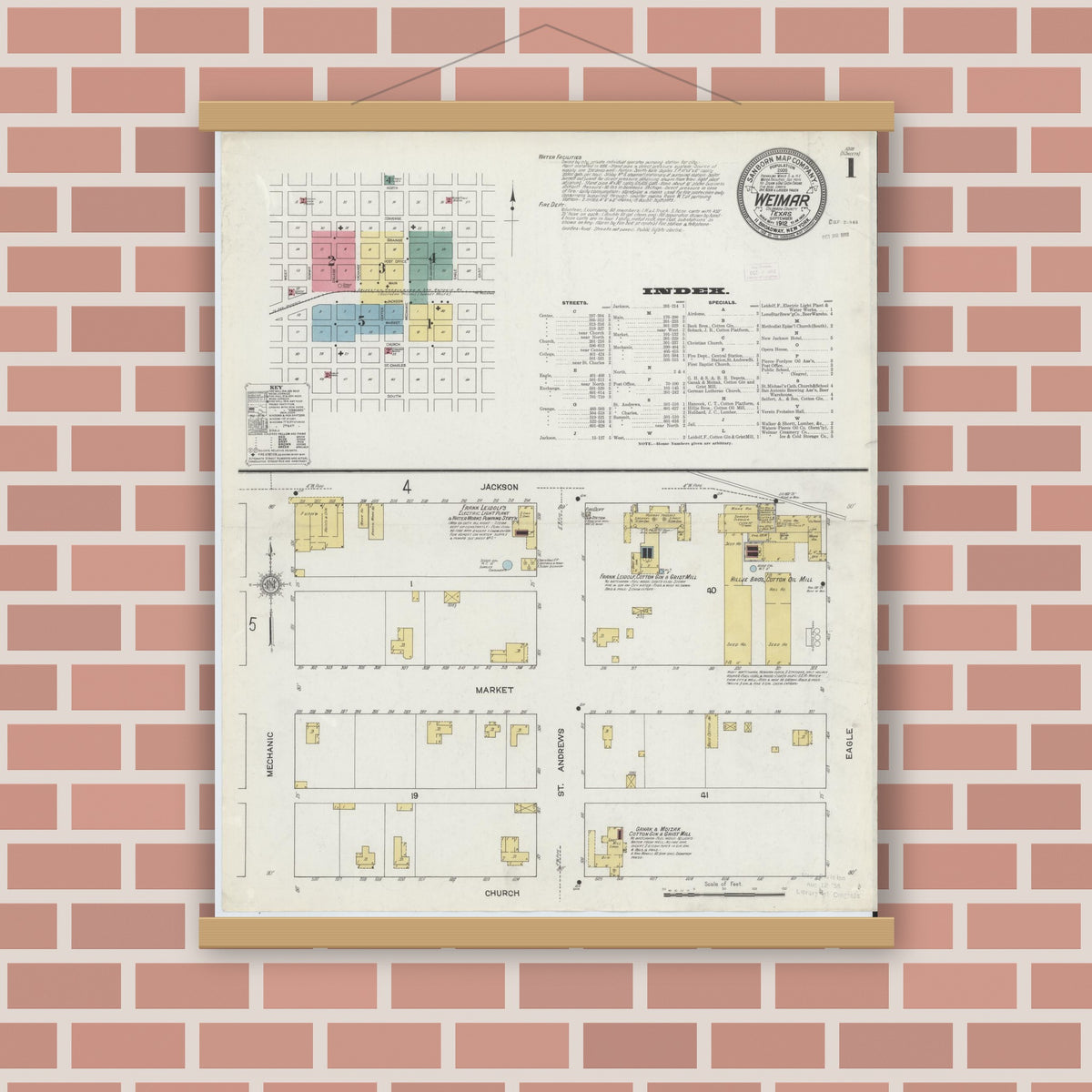 Old map wall art mockup — magnetic wood frame on brick wall — Sanborn Fire Insurance Map from Weimar, Colorado County, Texas (1912) - Complete Map Set
