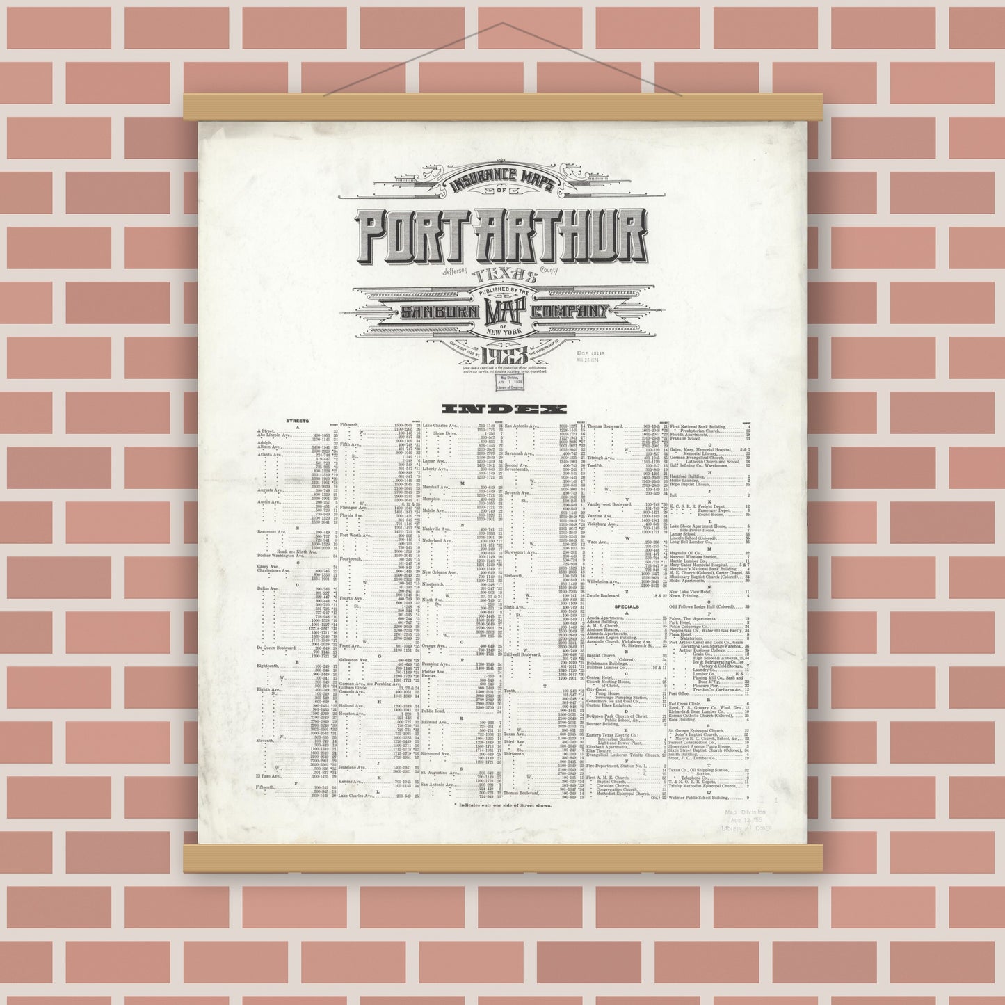 Old map wall art mockup — magnetic wood frame on brick wall — Sanborn Fire Insurance Map from Port Arthur, Jefferson County, Texas (1923), Sheet #0001
