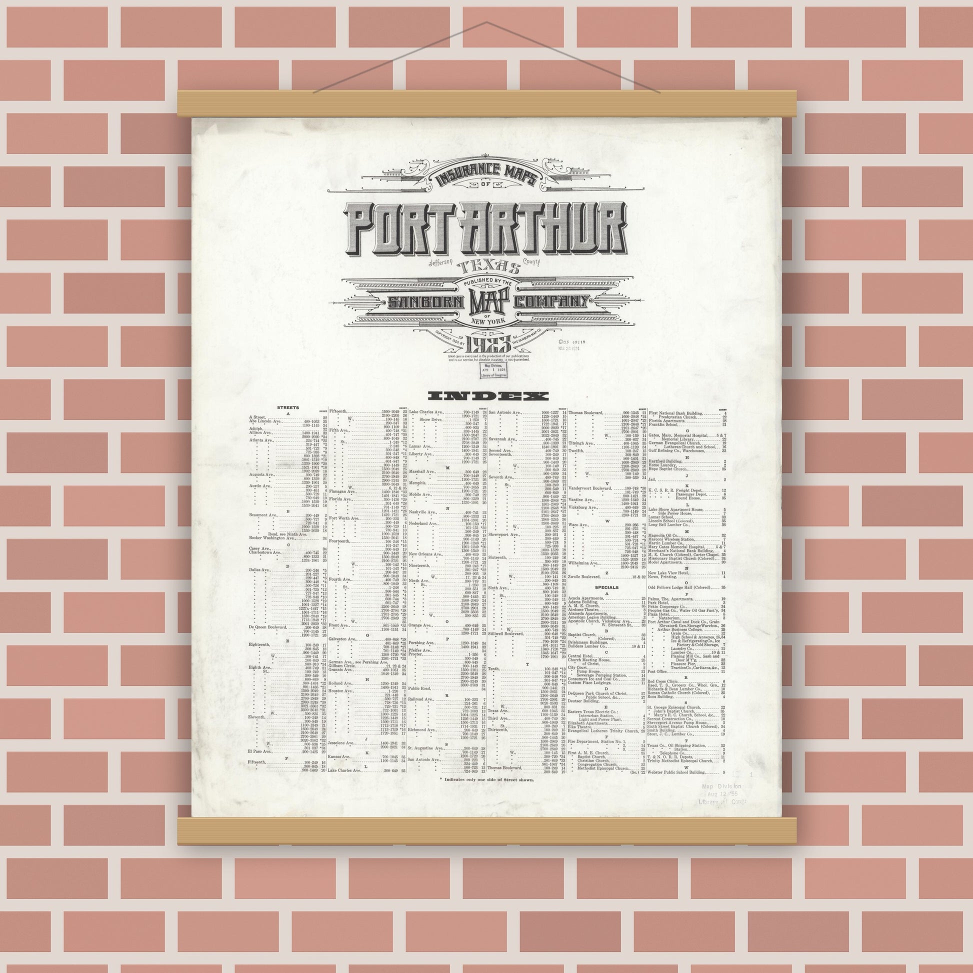 Old map wall art mockup — magnetic wood frame on brick wall — Sanborn Fire Insurance Map from Port Arthur, Jefferson County, Texas (1923), Sheet #0001