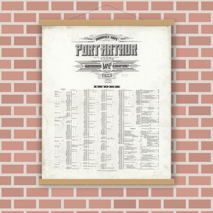 Old map wall art mockup — magnetic wood frame on brick wall — Sanborn Fire Insurance Map from Port Arthur, Jefferson County, Texas (1923), Sheet #0001