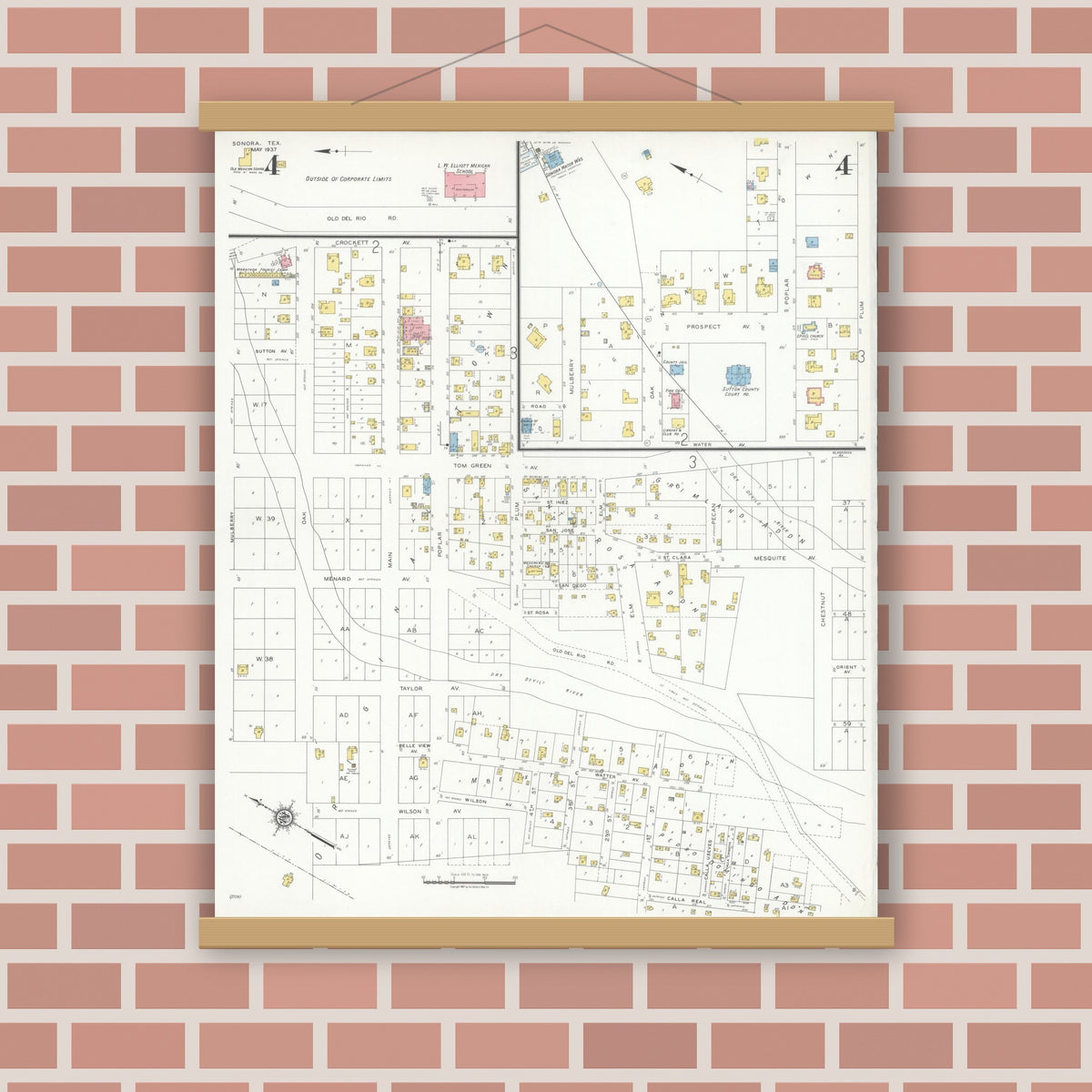 Old map wall art mockup — magnetic wood frame on brick wall — Sanborn Fire Insurance Map from Sonora, Sutton County, Texas (1937), Sheet #0004