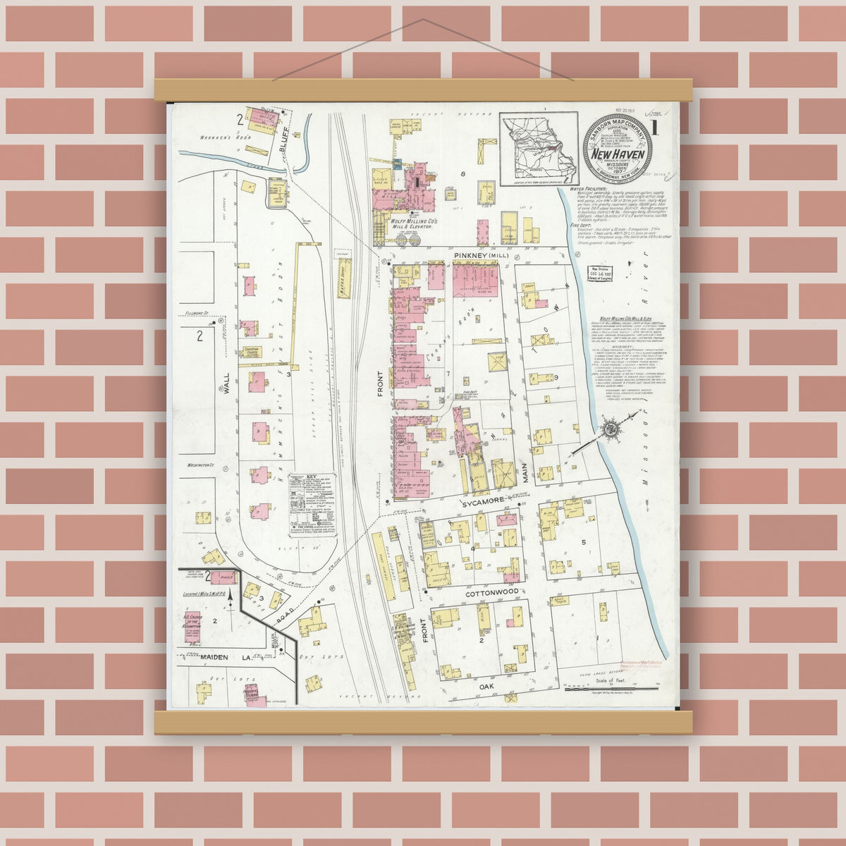 Old map wall art mockup — magnetic wood frame on brick wall — Sanborn Fire Insurance Map from New Haven, Franklin County, Missouri (1917) - Complete Map Set