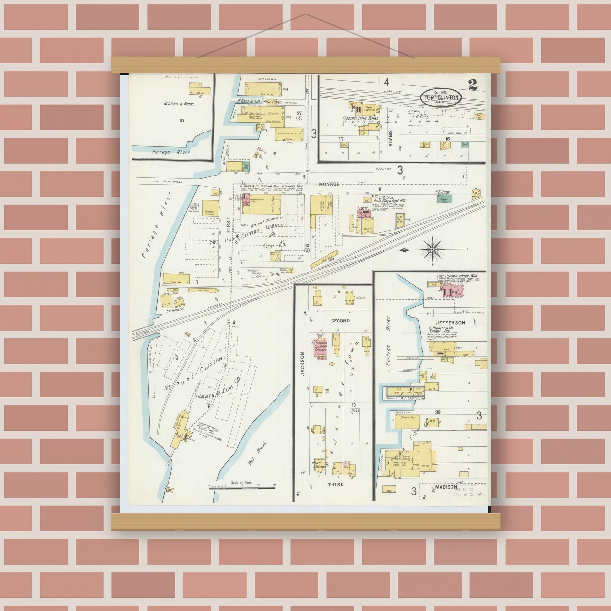 Old map wall art mockup — magnetic wood frame on brick wall — Sanborn Fire Insurance Map from Port Clinton, Ottawa County, Ohio (1898), Sheet #0002