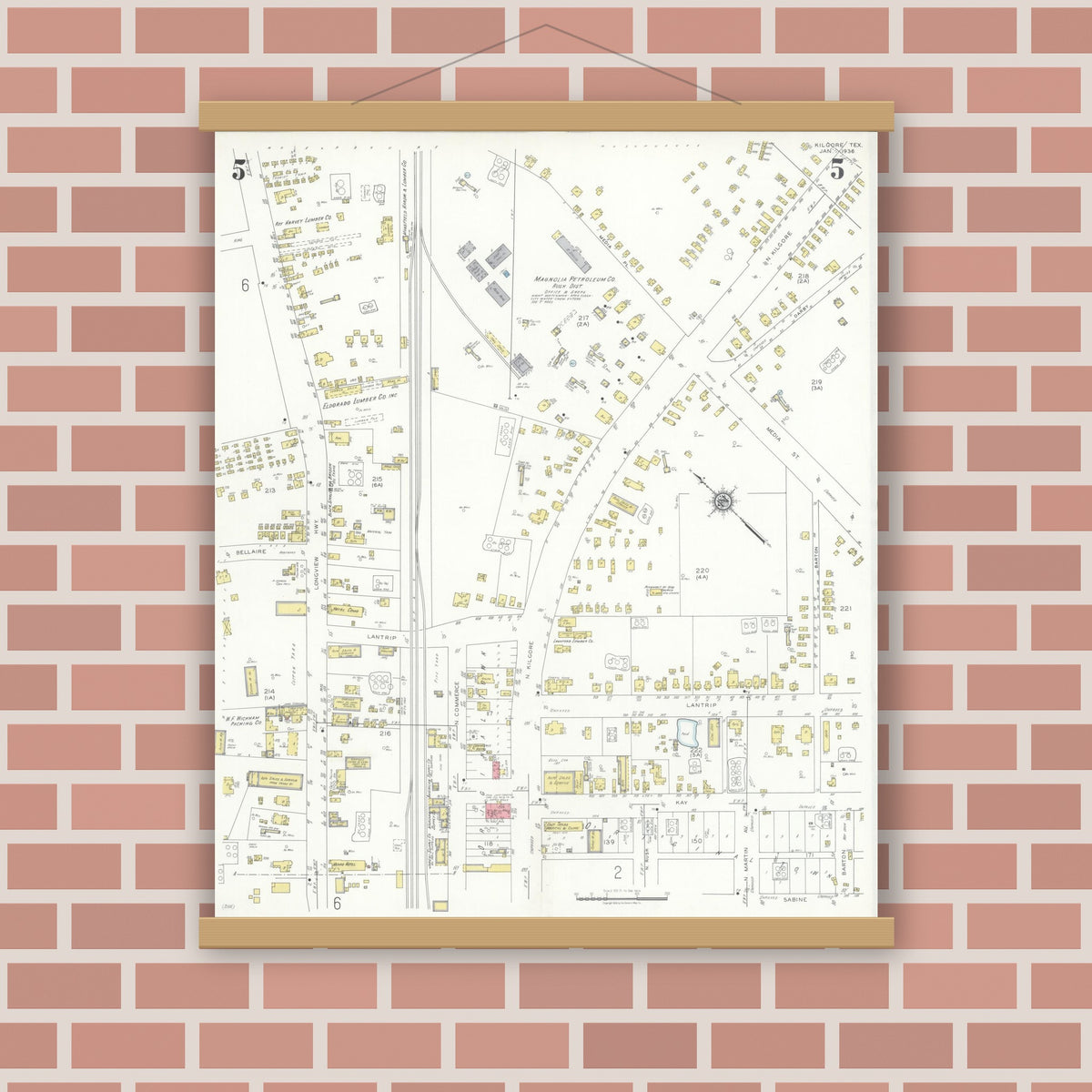 Old map wall art mockup — magnetic wood frame on brick wall — Sanborn Fire Insurance Map from Kilgore, Gregg County, Texas (1936), Sheet #0005