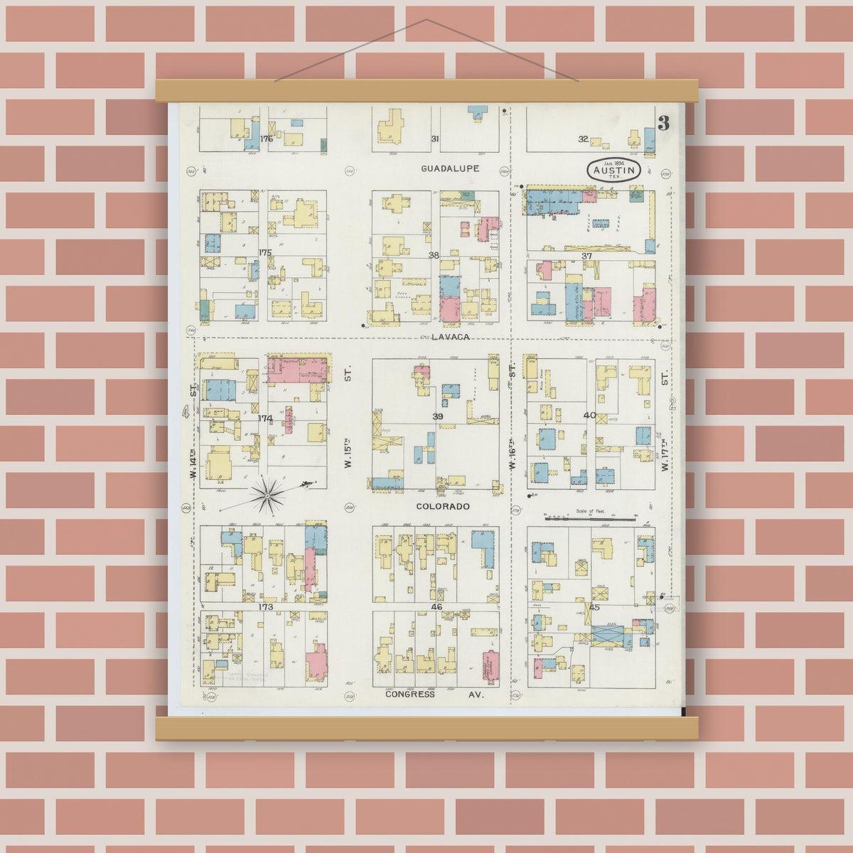 Old map wall art mockup — magnetic wood frame on brick wall — Sanborn Fire Insurance Map from Austin, Travis County, Texas (1894), Sheet #0003