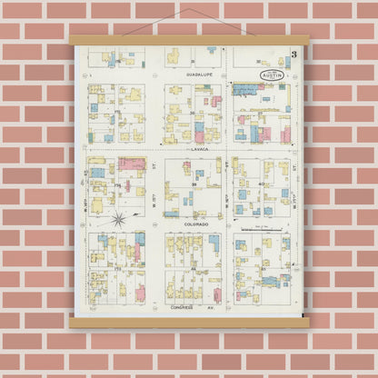 Old map wall art mockup — magnetic wood frame on brick wall — Sanborn Fire Insurance Map from Austin, Travis County, Texas (1894), Sheet #0003