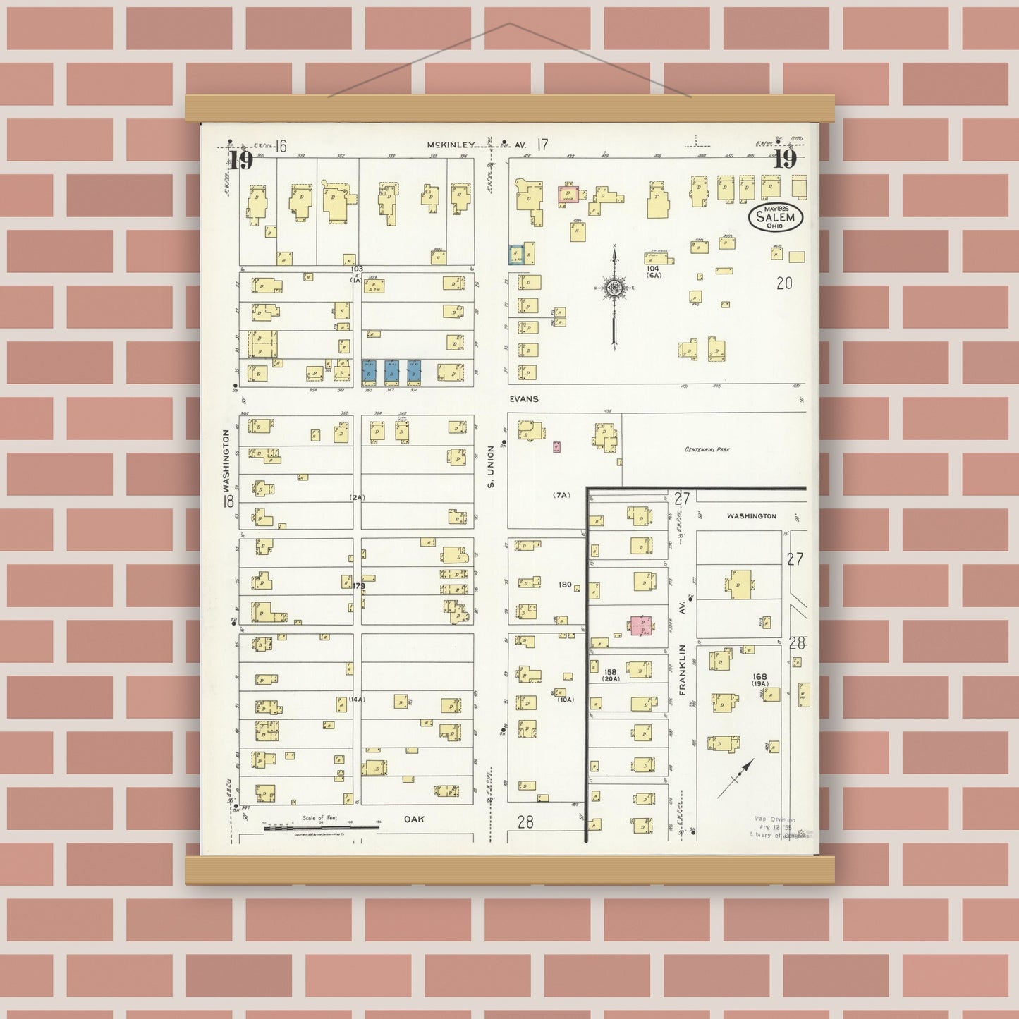 Old map wall art mockup — magnetic wood frame on brick wall — Sanborn Fire Insurance Map from Salem, Columbiana County, Ohio (1926), Sheet #0019
