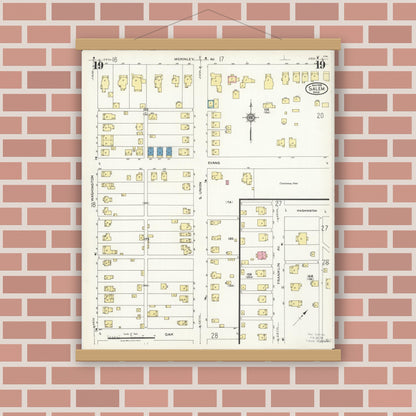Old map wall art mockup — magnetic wood frame on brick wall — Sanborn Fire Insurance Map from Salem, Columbiana County, Ohio (1926), Sheet #0019