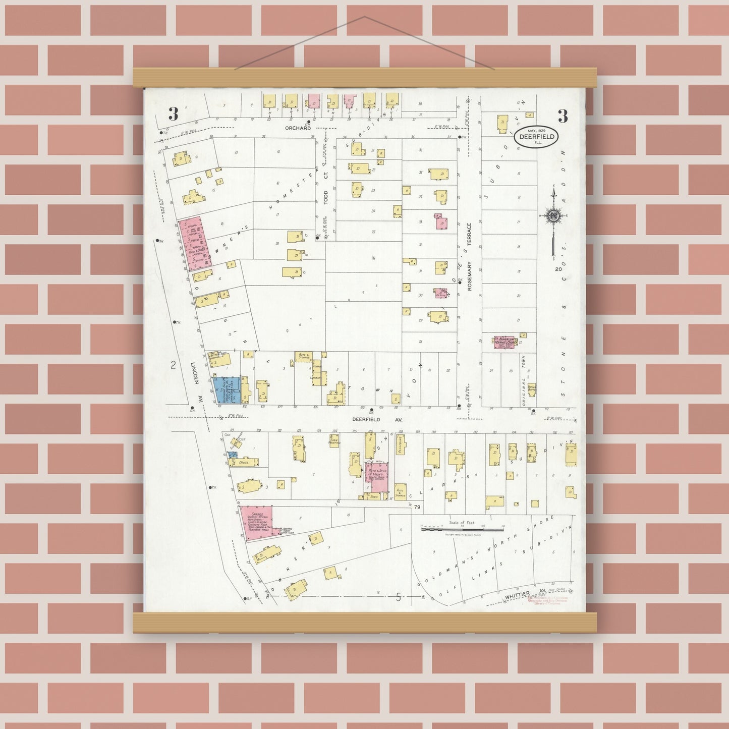 Old map wall art mockup — magnetic wood frame on brick wall — Sanborn Fire Insurance Map from Deerfield, Lake County, Illinois (1929), Sheet #0003