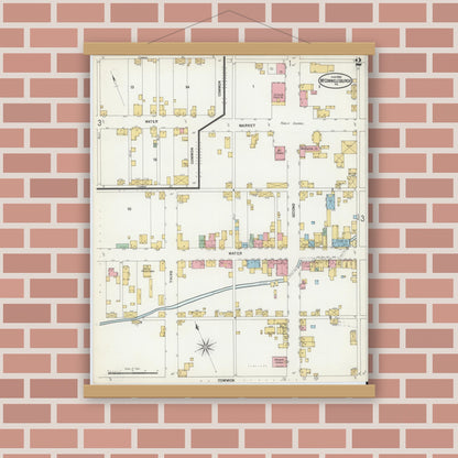 Old map wall art mockup — magnetic wood frame on brick wall — Sanborn Fire Insurance Map from McConnellsburgh, Fulton County, Pennsylvania (1899), Sheet #0002