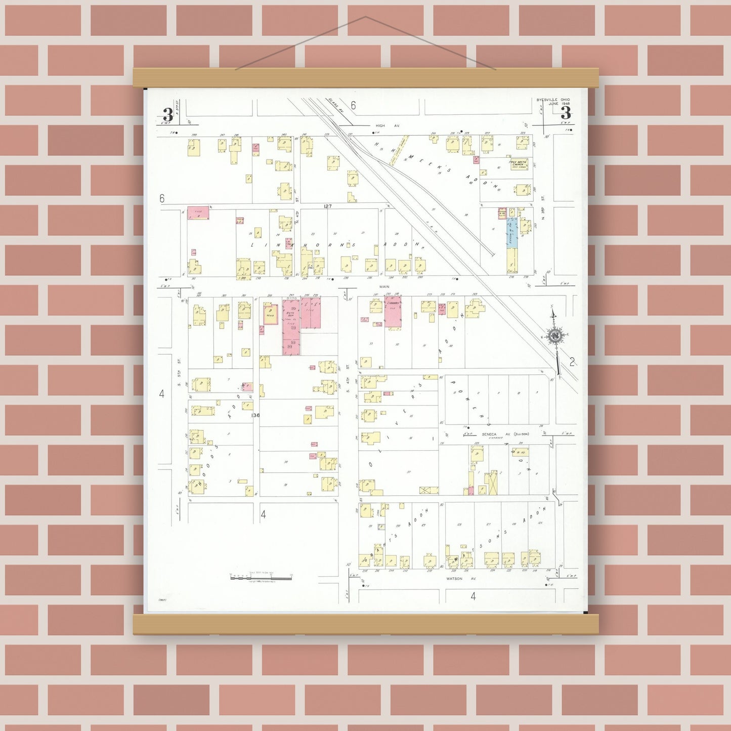 Old map wall art mockup — magnetic wood frame on brick wall — Sanborn Fire Insurance Map from Byesville, Guernsey County, Ohio (1948), Sheet #0003