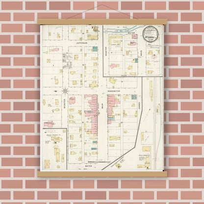 Old map wall art mockup — magnetic wood frame on brick wall — Sanborn Fire Insurance Map from Wyoming, Jones County, Iowa (1895), Sheet #0001
