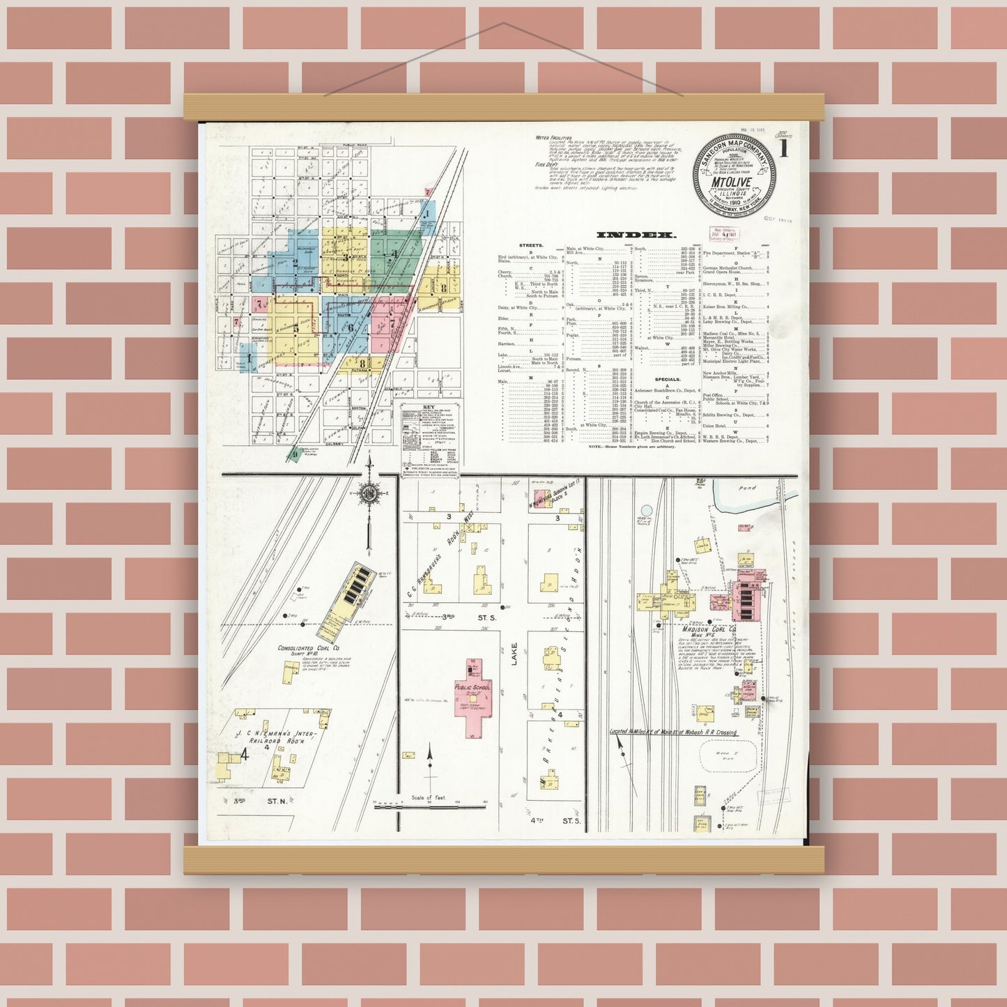 Old map wall art mockup — magnetic wood frame on brick wall — Sanborn Fire Insurance Map from Mount Olive, Macoupin County, Illinois (1910) - Complete Map Set