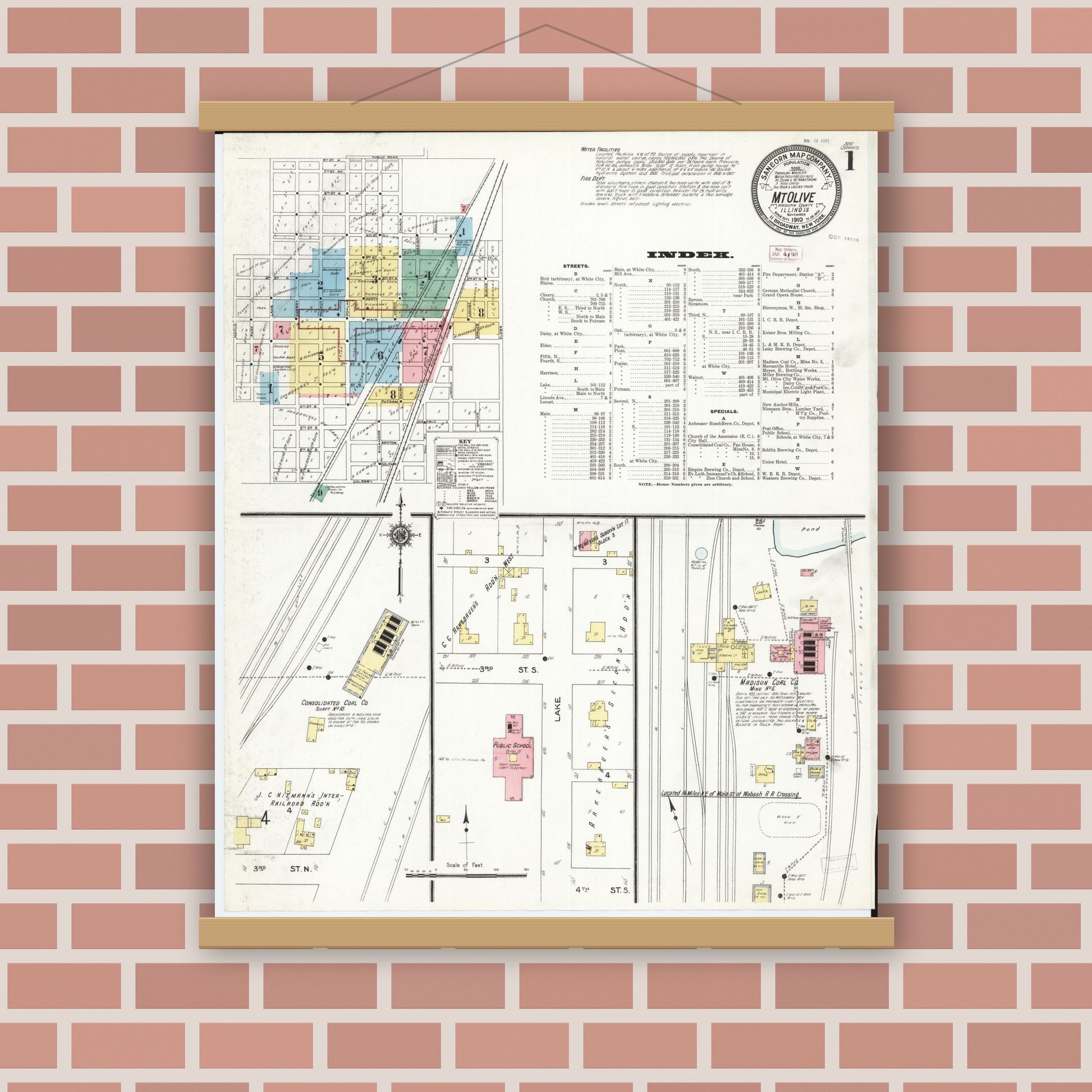 Old map wall art mockup — magnetic wood frame on brick wall — Sanborn Fire Insurance Map from Mount Olive, Macoupin County, Illinois (1910) - Complete Map Set