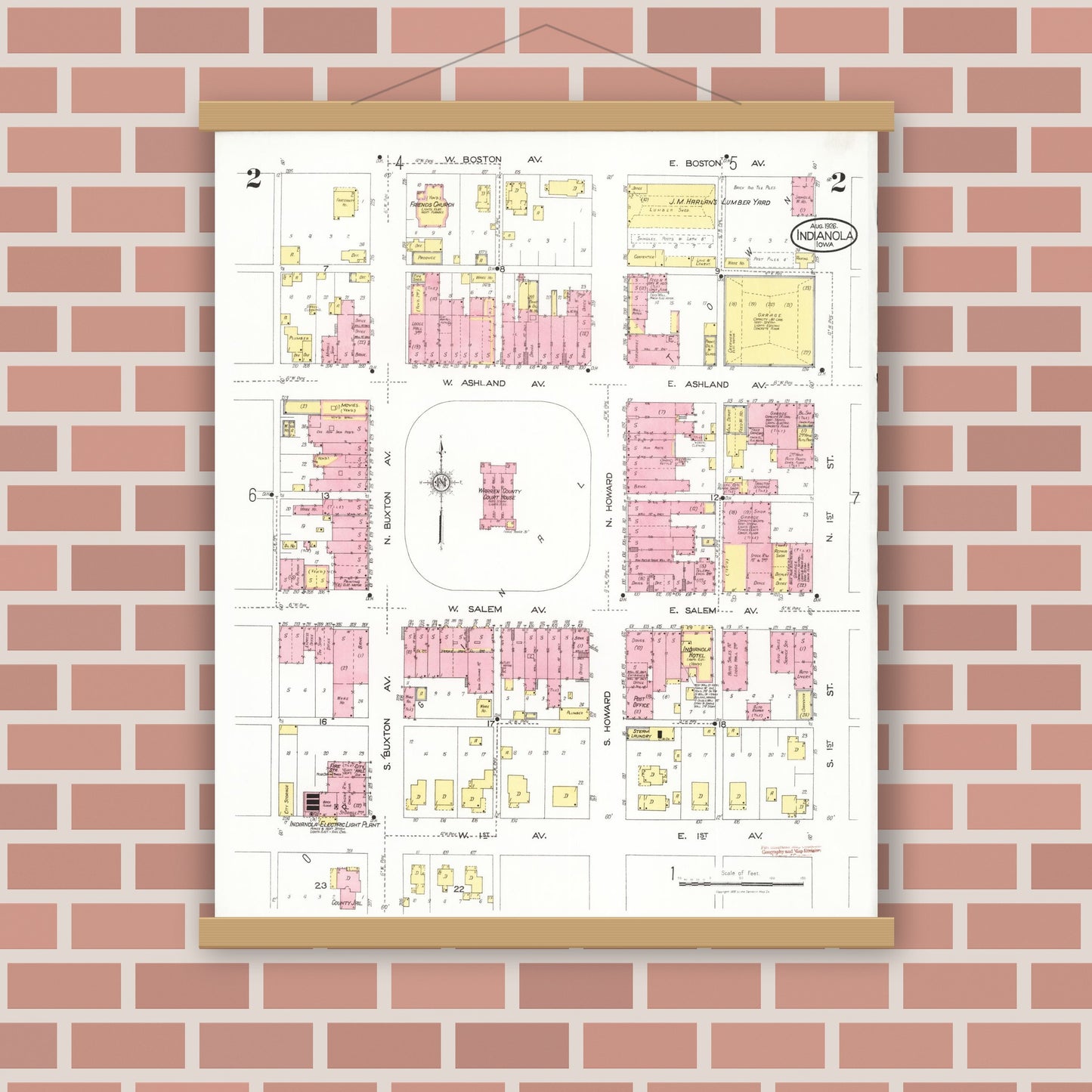 Old map wall art mockup — magnetic wood frame on brick wall — Sanborn Fire Insurance Map from Indianola, Warren County, Iowa (1918), Sheet #0002