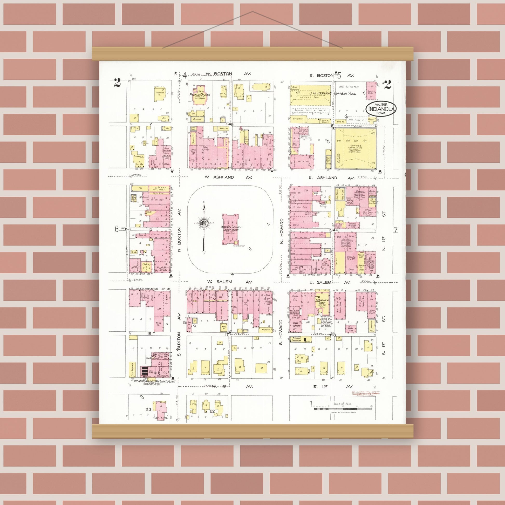 Old map wall art mockup — magnetic wood frame on brick wall — Sanborn Fire Insurance Map from Indianola, Warren County, Iowa (1918), Sheet #0002