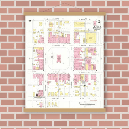 Old map wall art mockup — magnetic wood frame on brick wall — Sanborn Fire Insurance Map from Indianola, Warren County, Iowa (1918), Sheet #0002