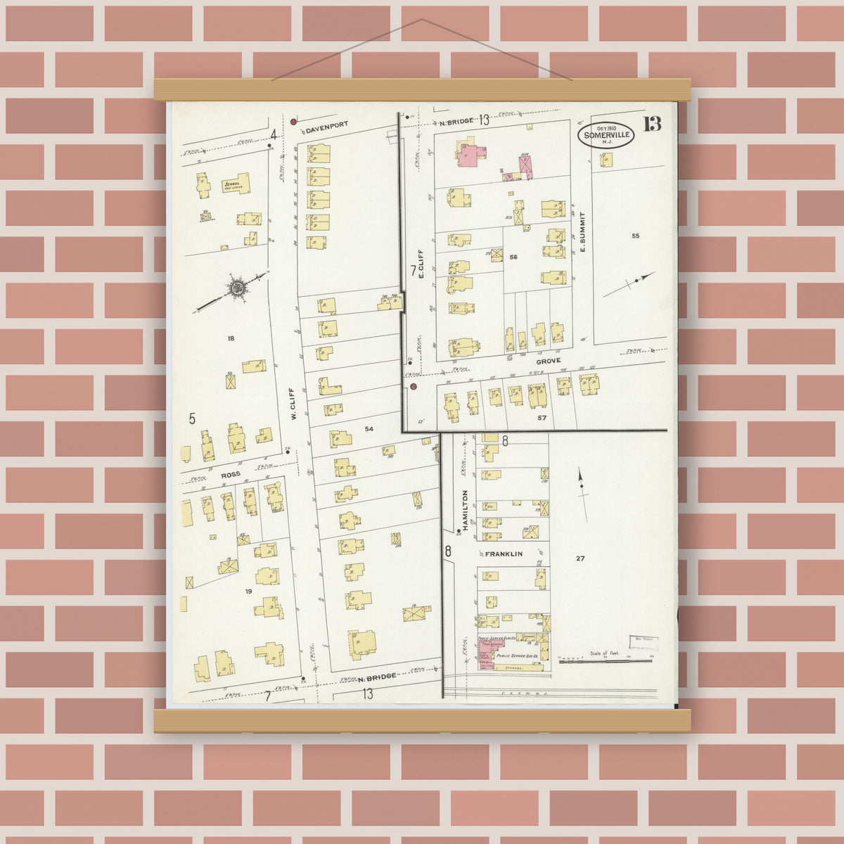 Old map wall art mockup — magnetic wood frame on brick wall — Sanborn Fire Insurance Map from Somerville, Somerset County, New Jersey (1910), Sheet #0013