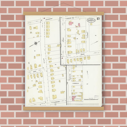 Old map wall art mockup — magnetic wood frame on brick wall — Sanborn Fire Insurance Map from Somerville, Somerset County, New Jersey (1910), Sheet #0013