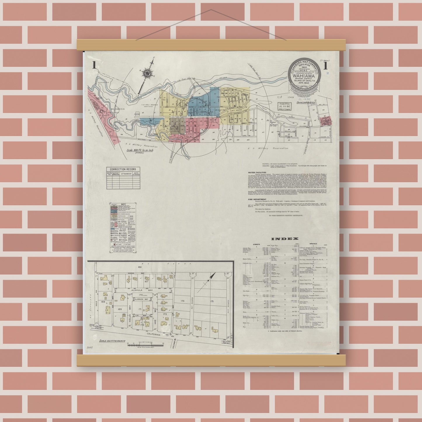 Old map wall art mockup — magnetic wood frame on brick wall — Sanborn Fire Insurance Map from Wahiawa, Honolulu County, Hawaii (1942), Sheet #0001