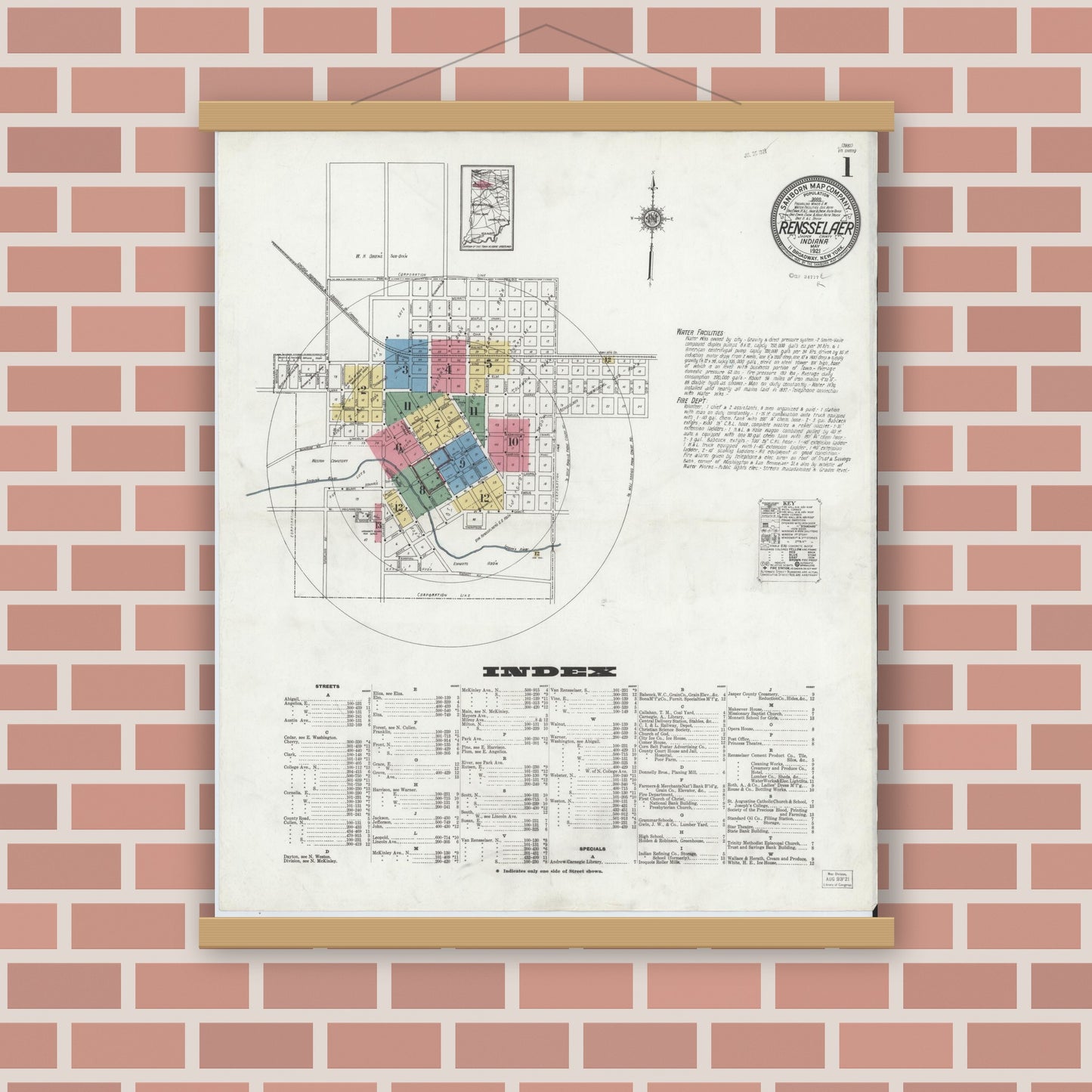 Old map wall art mockup — magnetic wood frame on brick wall — Sanborn Fire Insurance Map from Rensselaer, Jasper County, Indiana (1921) - Complete Map Set