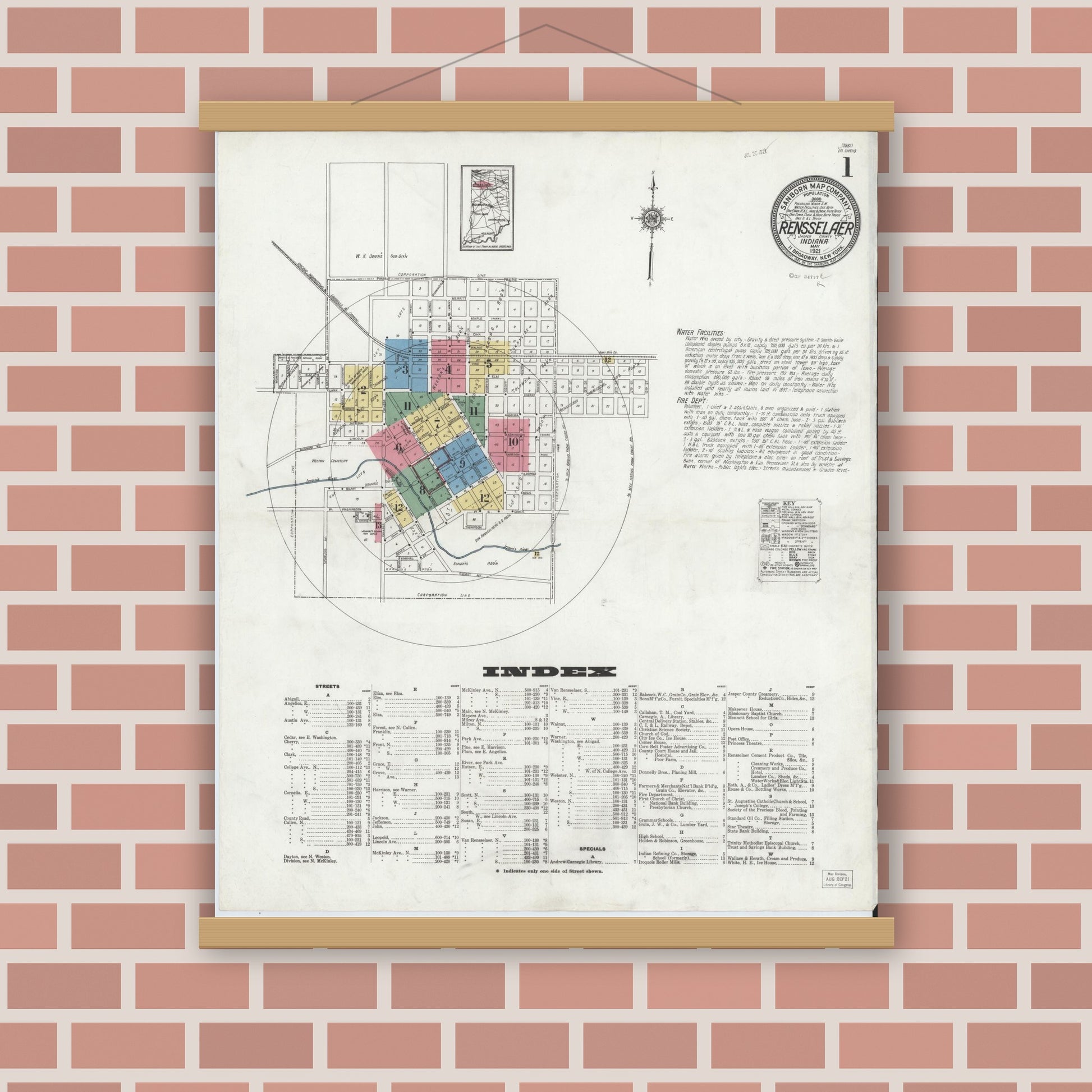 Old map wall art mockup — magnetic wood frame on brick wall — Sanborn Fire Insurance Map from Rensselaer, Jasper County, Indiana (1921) - Complete Map Set