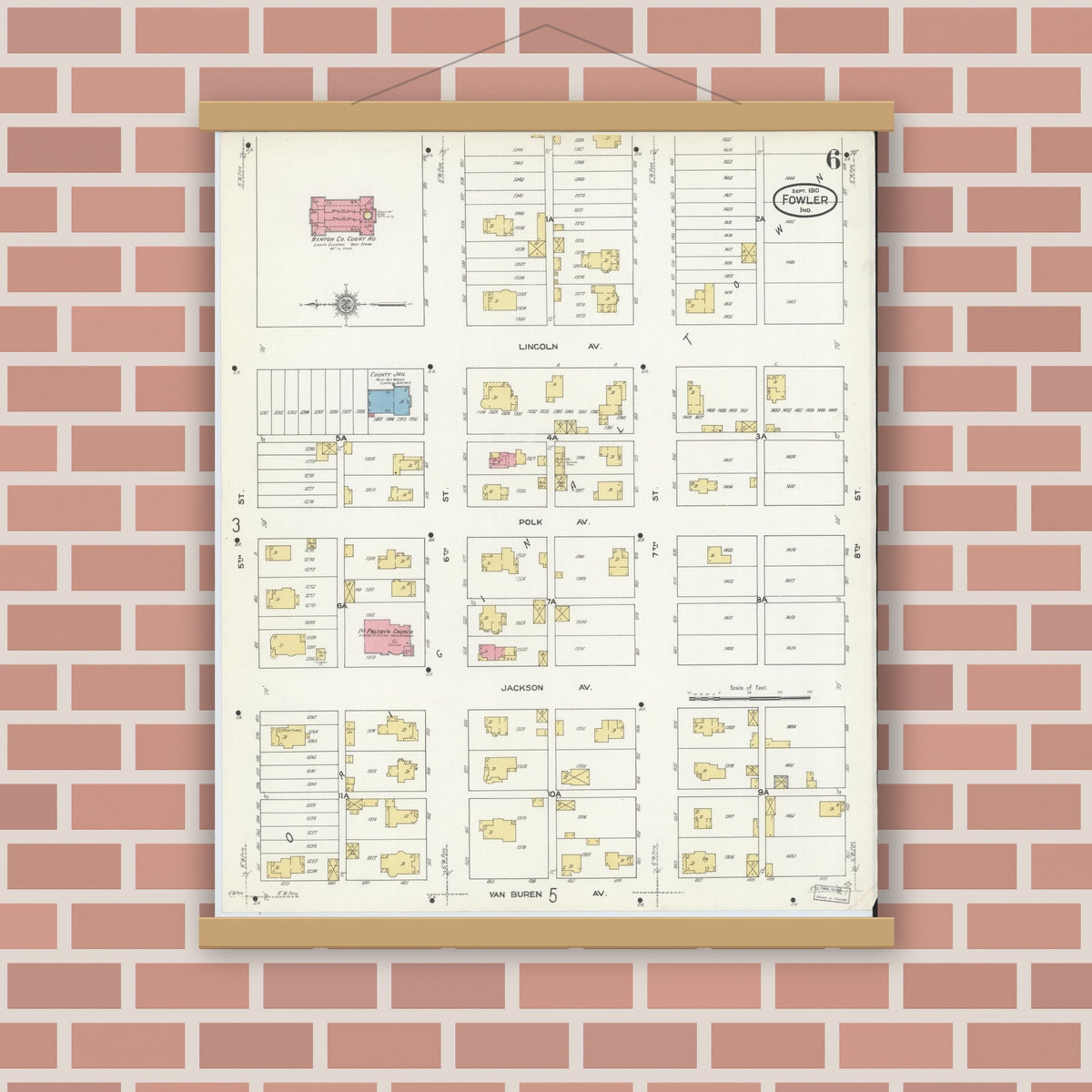 Old map wall art mockup — magnetic wood frame on brick wall — Sanborn Fire Insurance Map from Fowler, Benton County, Indiana (1910), Sheet #0006