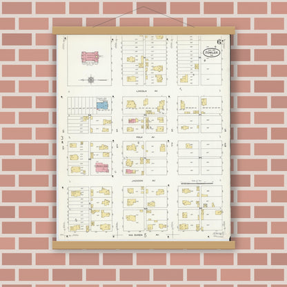 Old map wall art mockup — magnetic wood frame on brick wall — Sanborn Fire Insurance Map from Fowler, Benton County, Indiana (1910), Sheet #0006