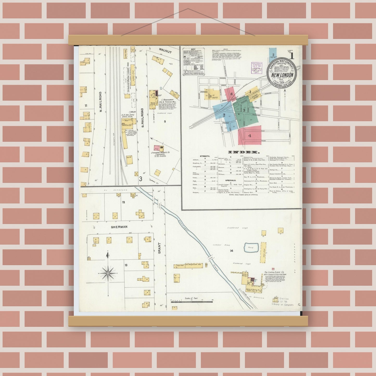 Old map wall art mockup — magnetic wood frame on brick wall — Sanborn Fire Insurance Map from New London, Huron County, Ohio (1904), Sheet #0001