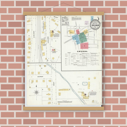 Old map wall art mockup — magnetic wood frame on brick wall — Sanborn Fire Insurance Map from New London, Huron County, Ohio (1904), Sheet #0001