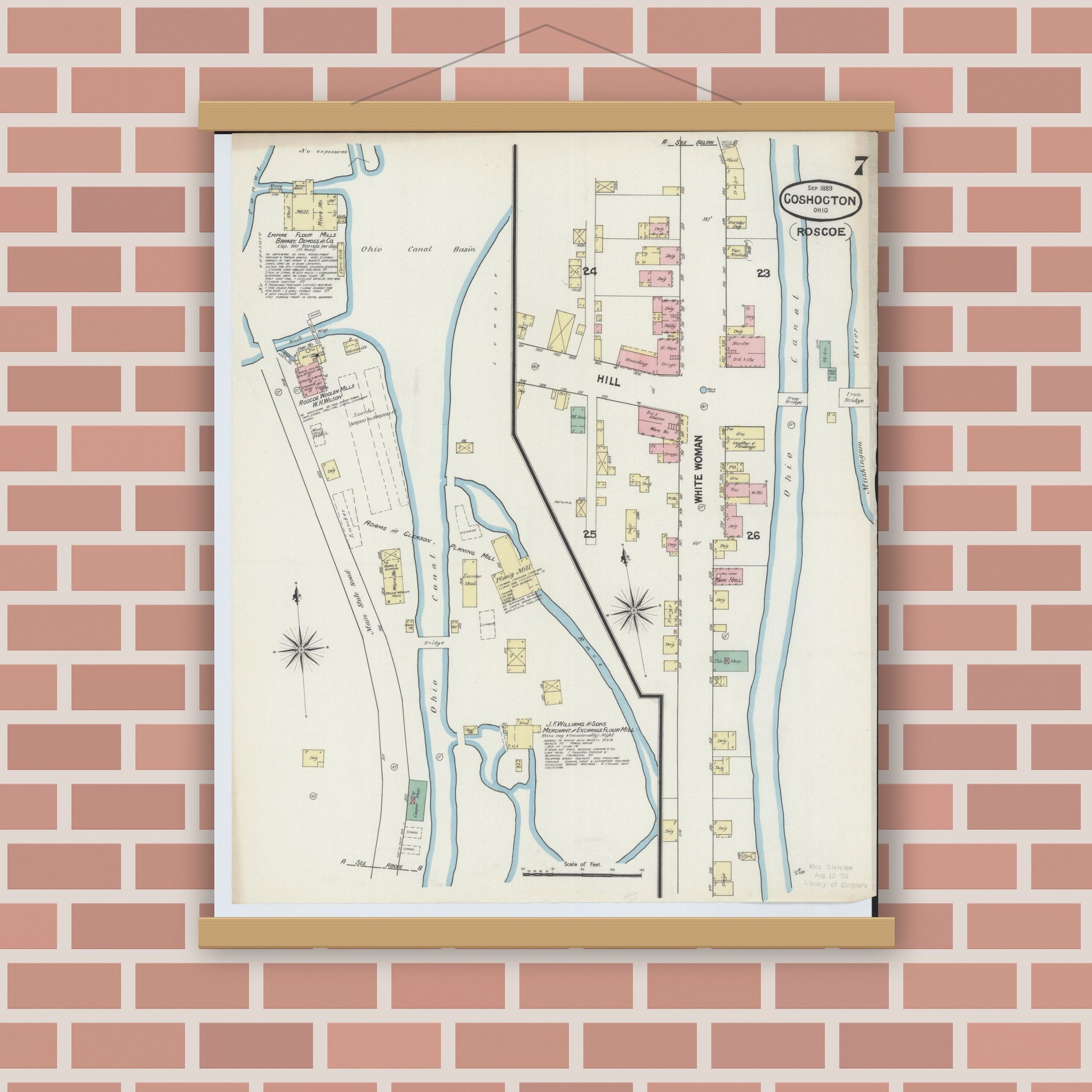 Old map wall art mockup — magnetic wood frame on brick wall — Sanborn Fire Insurance Map from Coshocton, Coshocton County, Ohio (1889), Sheet #0007