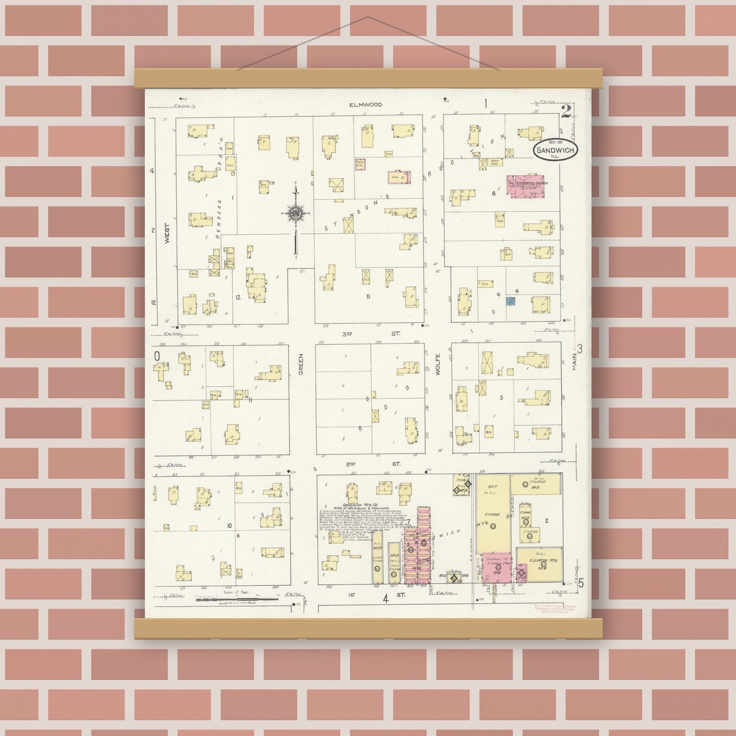 Old map wall art mockup — magnetic wood frame on brick wall — Sanborn Fire Insurance Map from Sandwich, De Kalb County, Illinois (1921), Sheet #0002