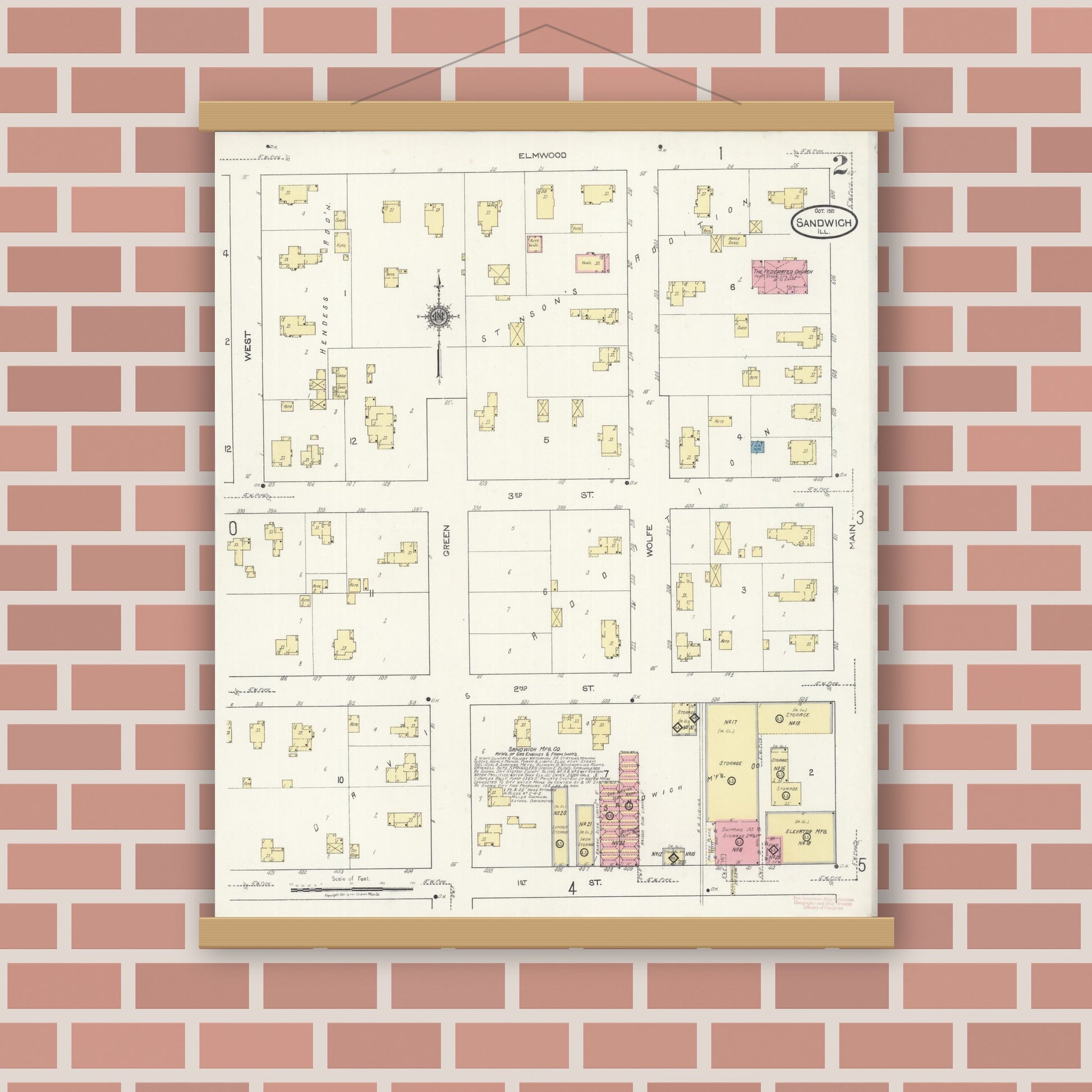 Old map wall art mockup — magnetic wood frame on brick wall — Sanborn Fire Insurance Map from Sandwich, De Kalb County, Illinois (1921), Sheet #0002