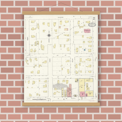 Old map wall art mockup — magnetic wood frame on brick wall — Sanborn Fire Insurance Map from Sandwich, De Kalb County, Illinois (1921), Sheet #0002