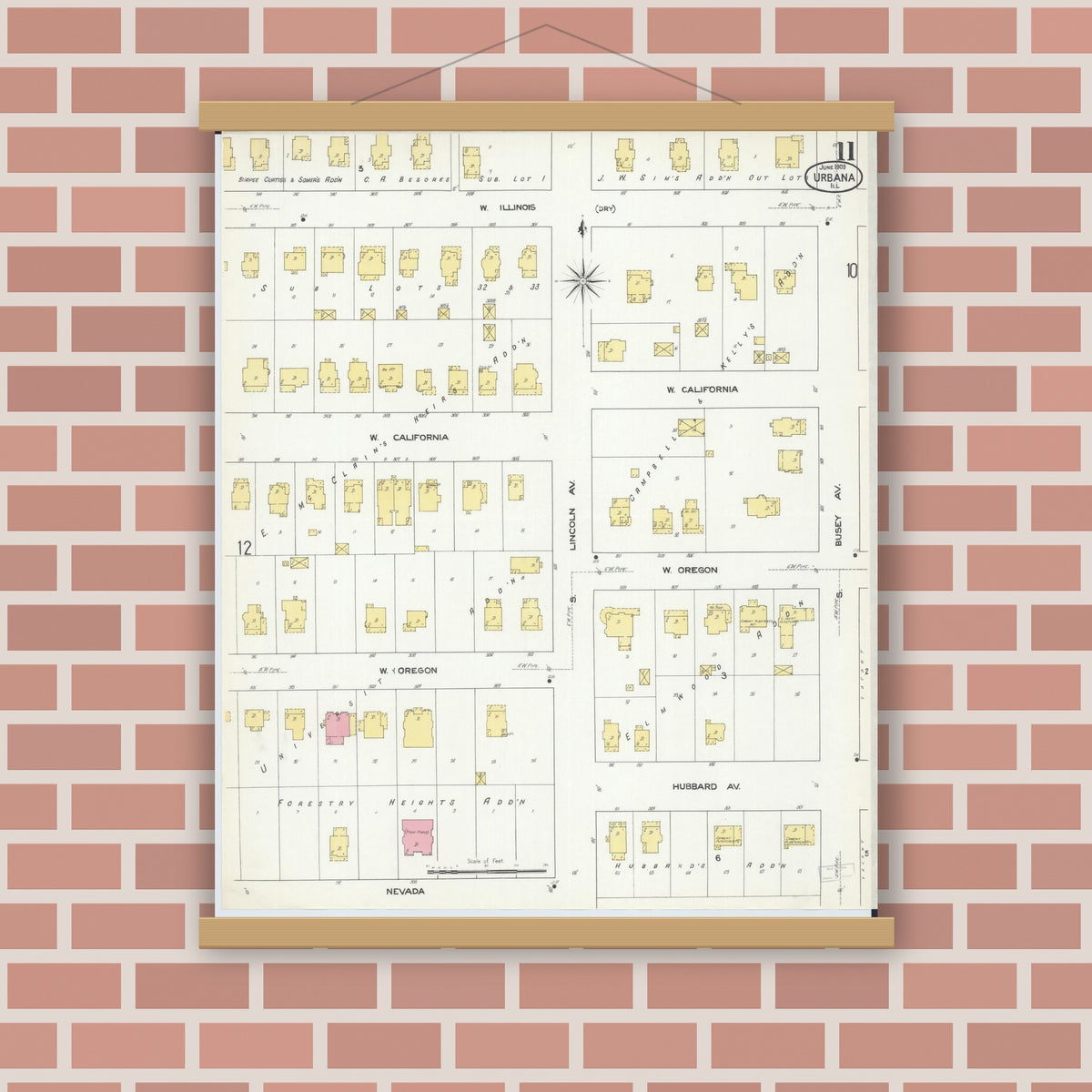 Old map wall art mockup — magnetic wood frame on brick wall — Sanborn Fire Insurance Map from Urbana, Champaign County, Illinois (1909), Sheet #0011
