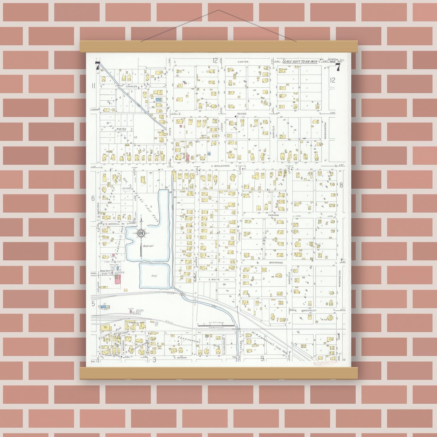 Old map wall art mockup — magnetic wood frame on brick wall — Sanborn Fire Insurance Map from Marion, Williamson County, Illinois (1937), Sheet #0007