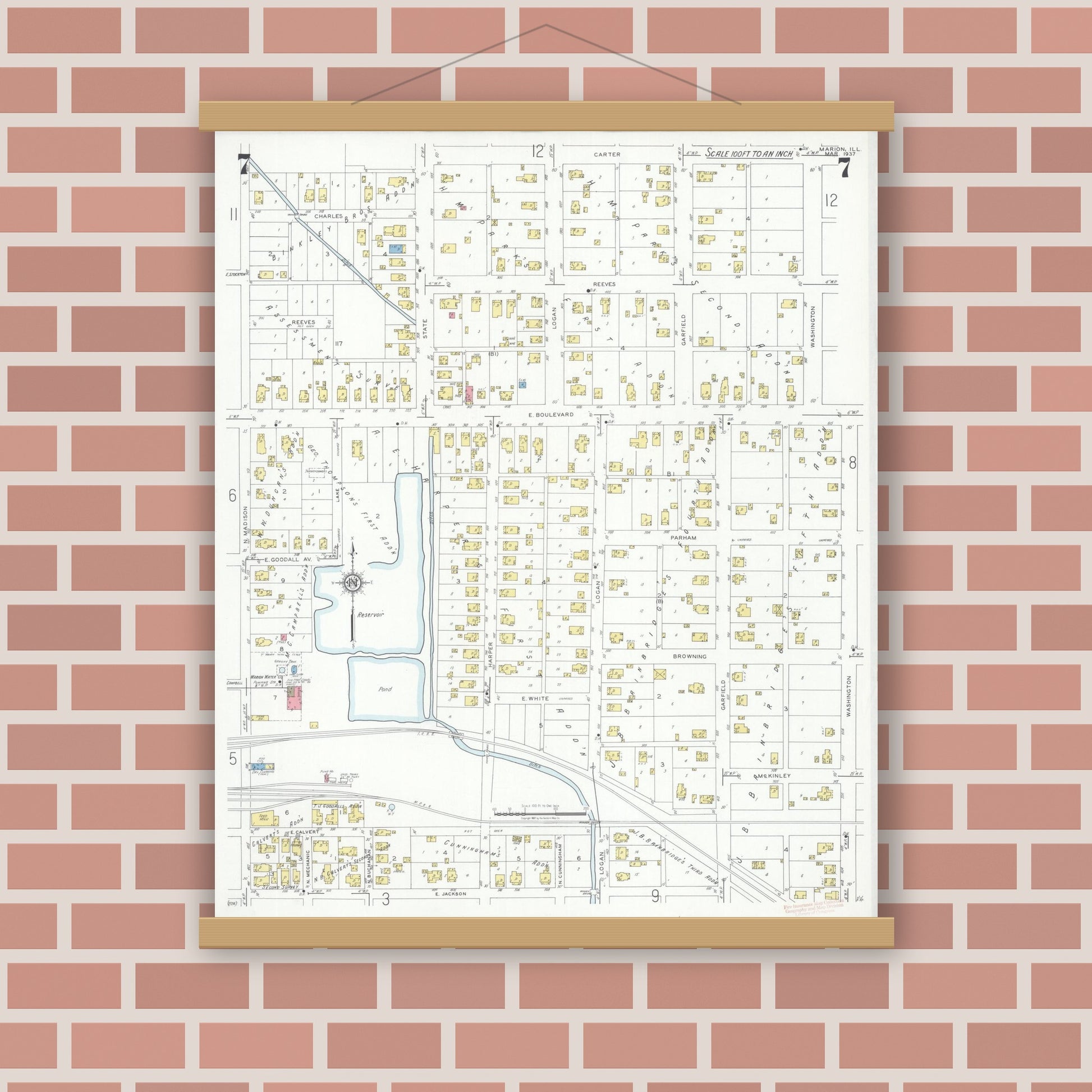 Old map wall art mockup — magnetic wood frame on brick wall — Sanborn Fire Insurance Map from Marion, Williamson County, Illinois (1937), Sheet #0007