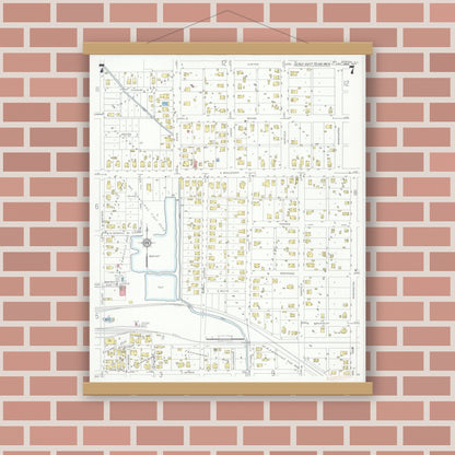 Old map wall art mockup — magnetic wood frame on brick wall — Sanborn Fire Insurance Map from Marion, Williamson County, Illinois (1937), Sheet #0007