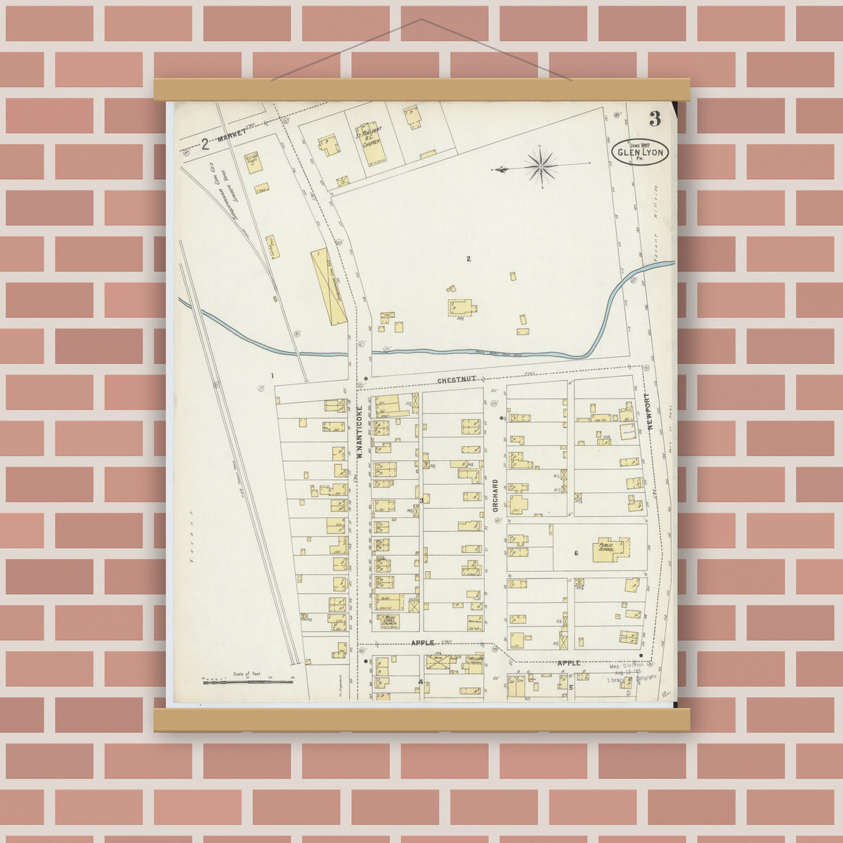 Old map wall art mockup — magnetic wood frame on brick wall — Sanborn Fire Insurance Map from Glen Lyon, Luzerne County, Pennsylvania (1897), Sheet #0003