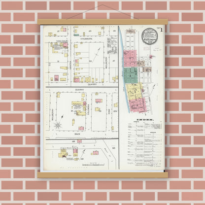 Old map wall art mockup — magnetic wood frame on brick wall — Sanborn Fire Insurance Map from New Richmond, Clermont County, Ohio (1892), Sheet #0001