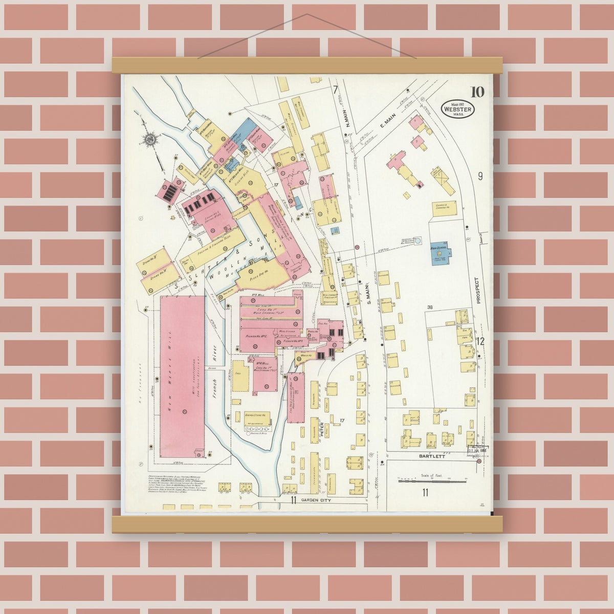 Old map wall art mockup — magnetic wood frame on brick wall — Sanborn Fire Insurance Map from Webster, Worcester County, Massachusetts (1911), Sheet #0010