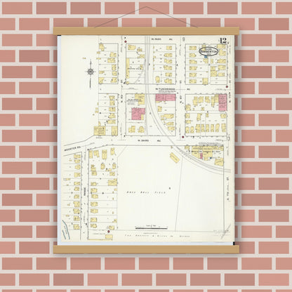 Old map wall art mockup — magnetic wood frame on brick wall — Sanborn Fire Insurance Map from Barberton, Summit County, Ohio (1916), Sheet #0012