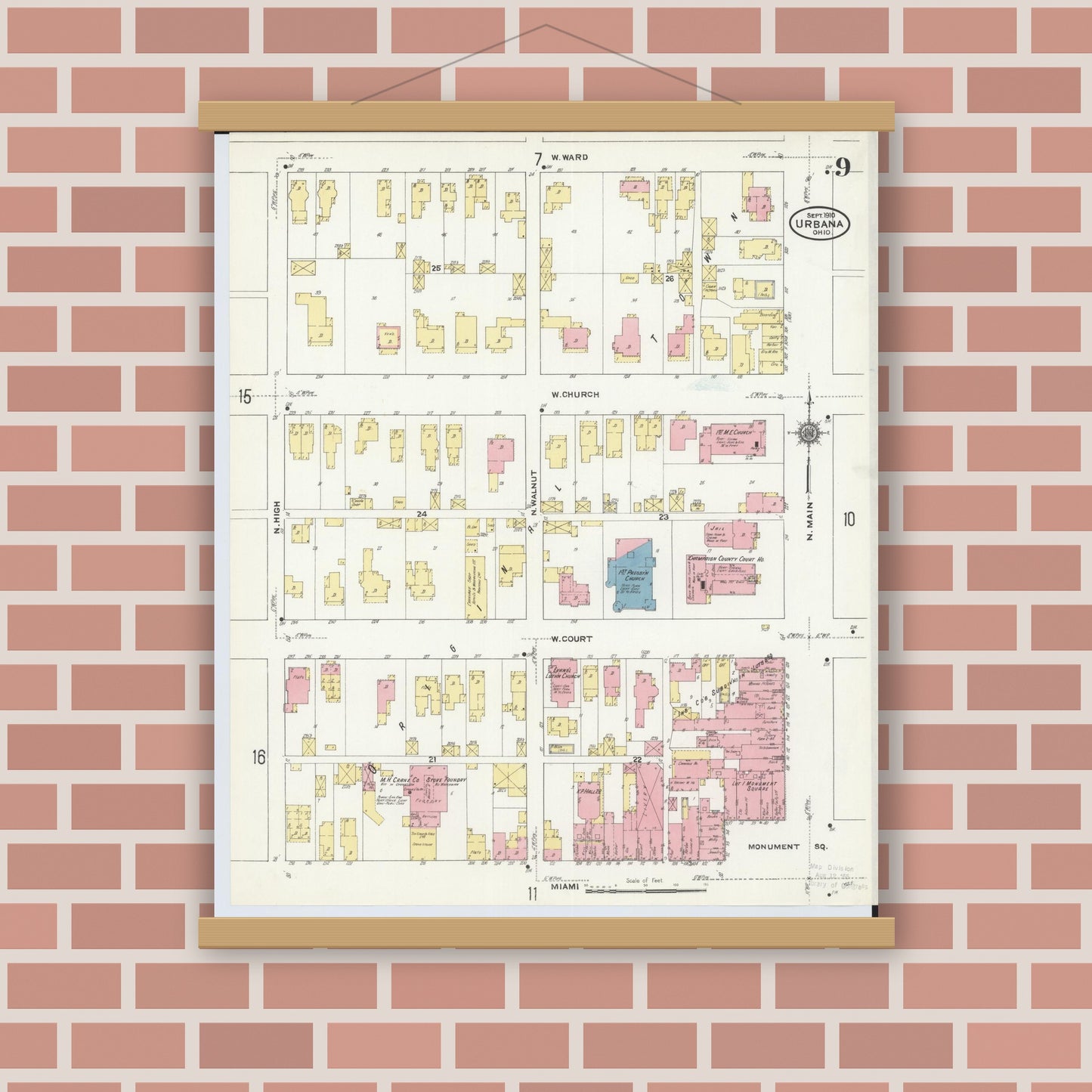 Old map wall art mockup — magnetic wood frame on brick wall — Sanborn Fire Insurance Map from Urbana, Champaign County, Ohio (1910), Sheet #0009