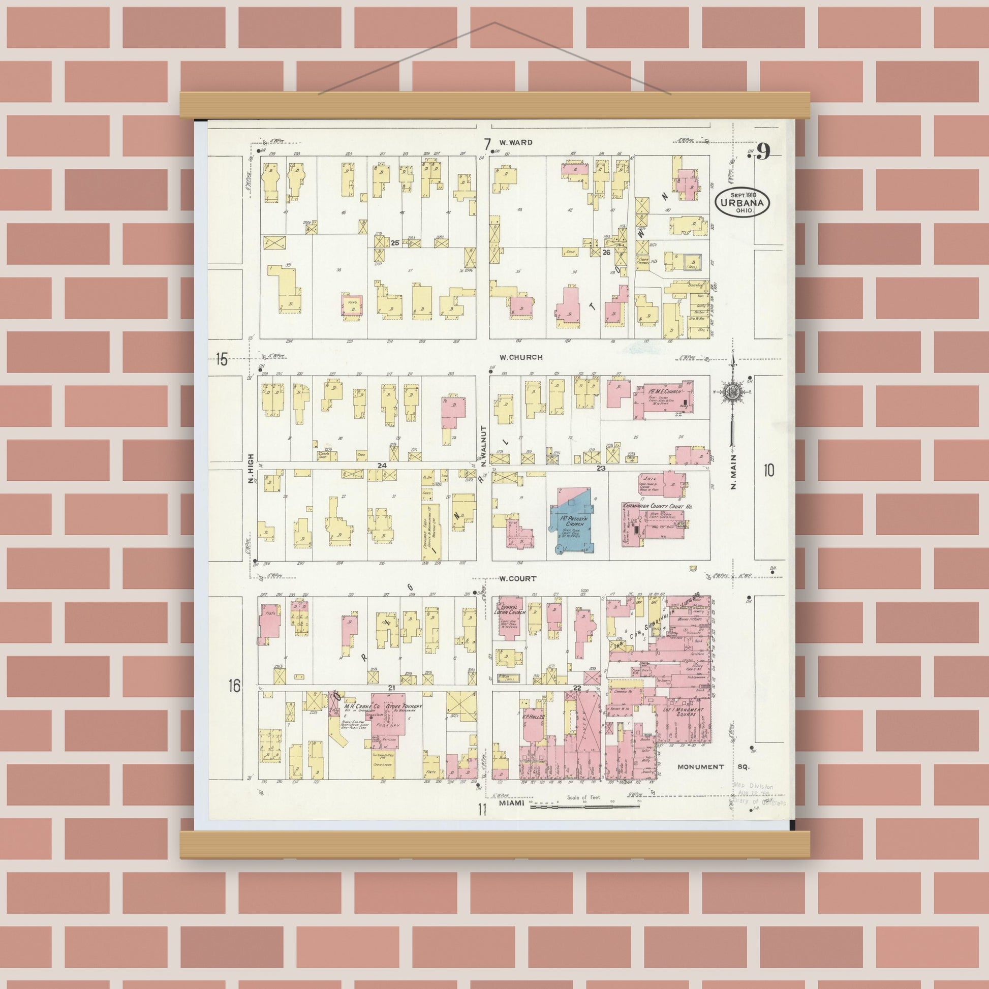 Old map wall art mockup — magnetic wood frame on brick wall — Sanborn Fire Insurance Map from Urbana, Champaign County, Ohio (1910), Sheet #0009