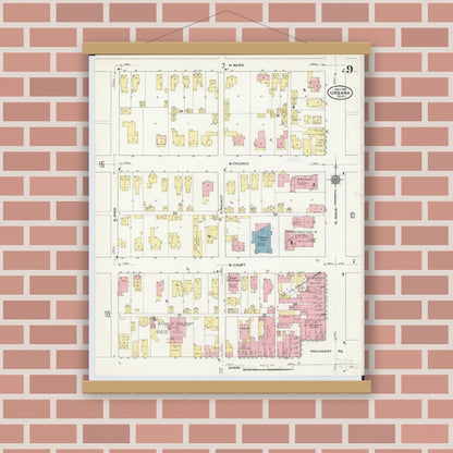 Old map wall art mockup — magnetic wood frame on brick wall — Sanborn Fire Insurance Map from Urbana, Champaign County, Ohio (1910), Sheet #0009